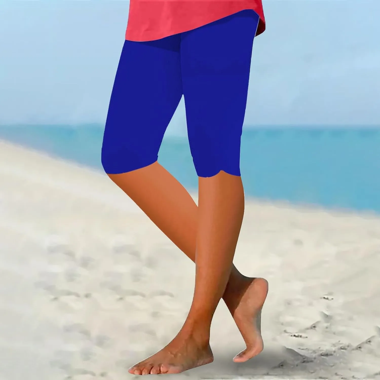 Plus Size Leggings Printed Stretch High Waist Elastic Cropped Pants Resort Beach Leggings Leggings with Pockets