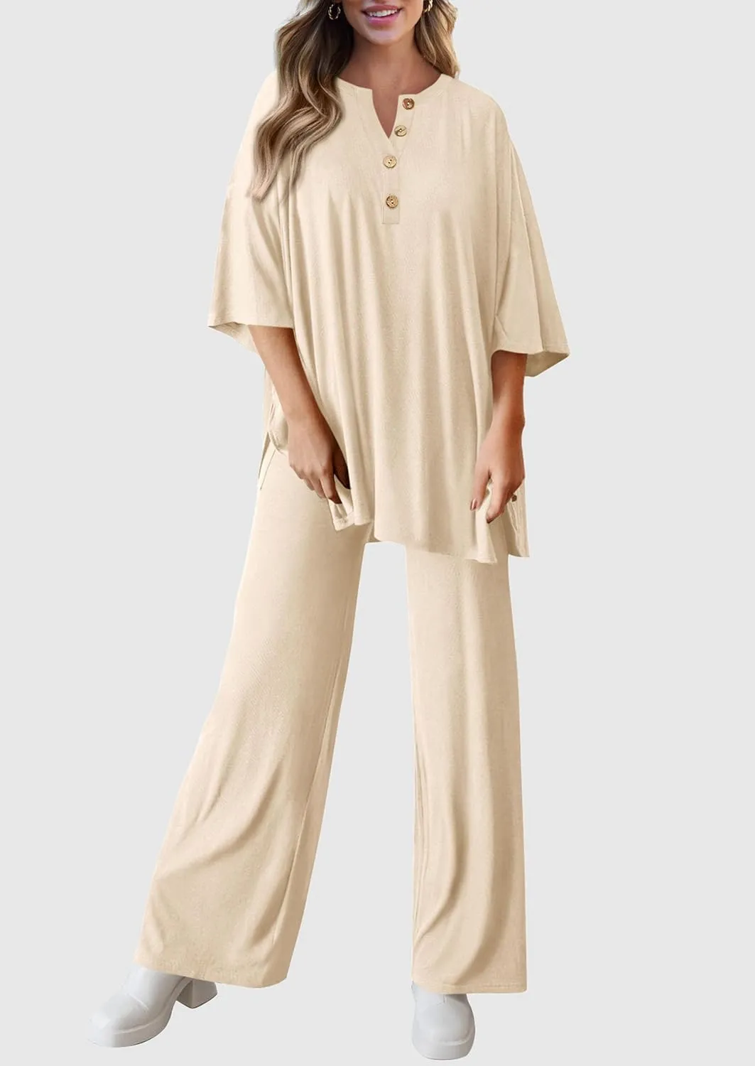 PRETTYGARDEN Women's 2 Piece Outfits 2025 Summer Casual V Neck Short Sleeve Tops Wide Leg Pants Matching Lounge Sets