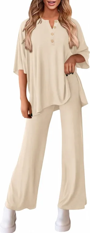 PRETTYGARDEN Women's 2 Piece Outfits 2025 Summer Casual V Neck Short Sleeve Tops Wide Leg Pants Matching Lounge Sets