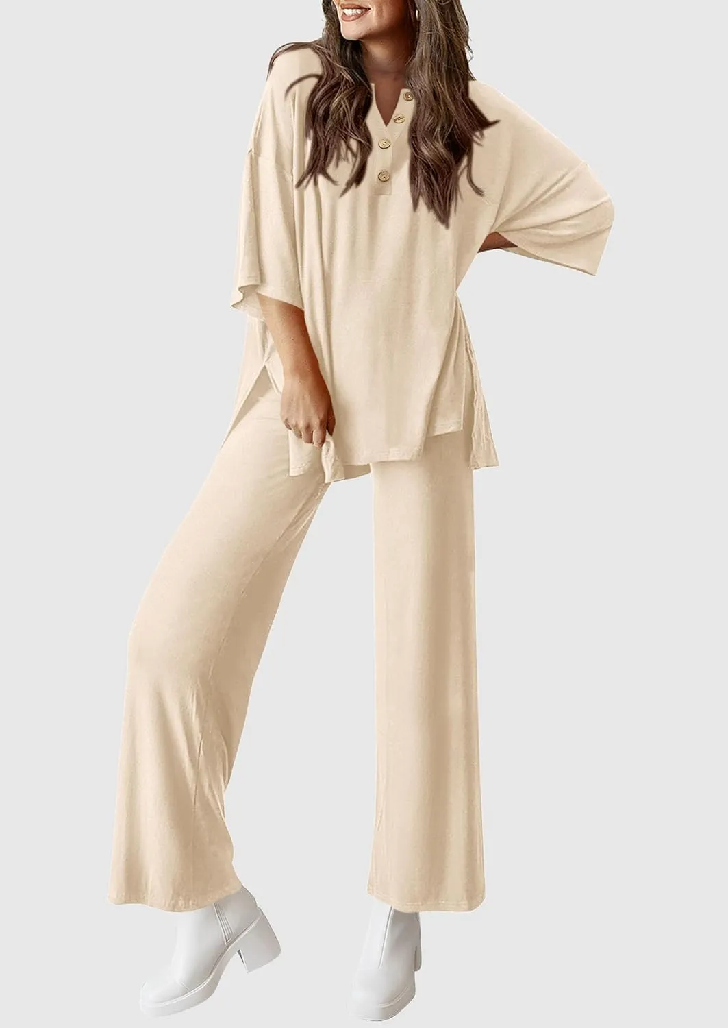 PRETTYGARDEN Women's 2 Piece Outfits 2025 Summer Casual V Neck Short Sleeve Tops Wide Leg Pants Matching Lounge Sets