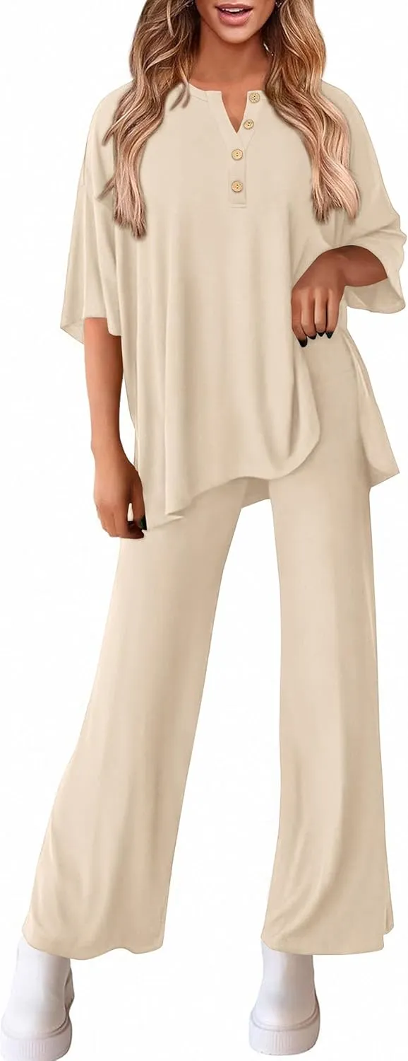 PRETTYGARDEN Women's 2 Piece Outfits 2025 Summer Casual V Neck Short Sleeve Tops Wide Leg Pants Matching Lounge Sets