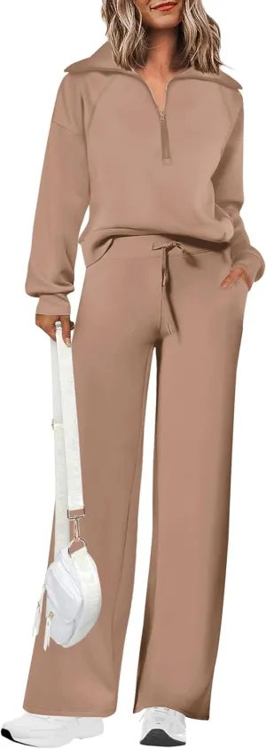 PRETTYGARDEN Women's 2 Piece Outfits Casual Lapel Half Zip Sweatshirts And Wide Leg Pants Tracksuit Sets