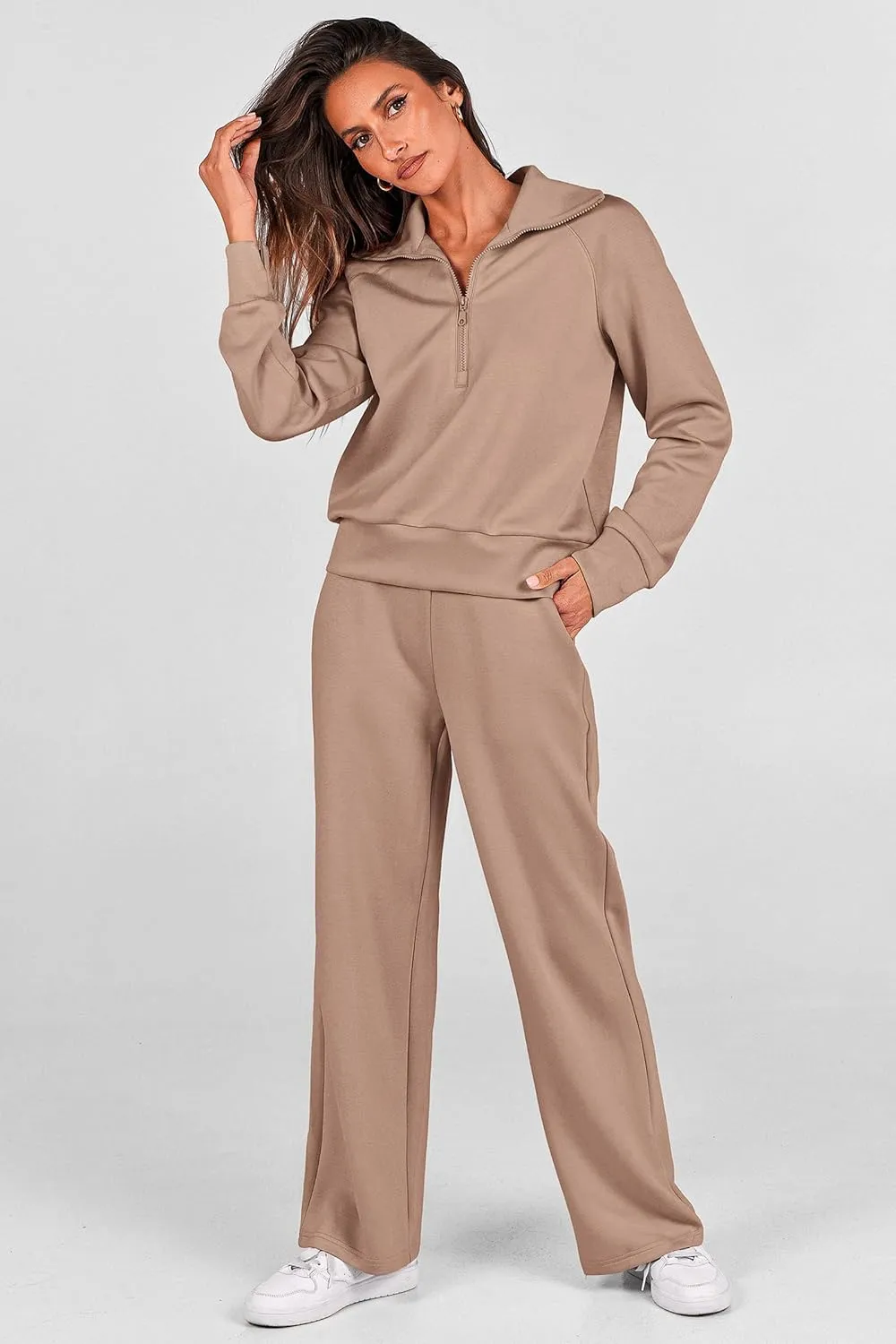 PRETTYGARDEN Women's 2 Piece Outfits Casual Lapel Half Zip Sweatshirts And Wide Leg Pants Tracksuit Sets