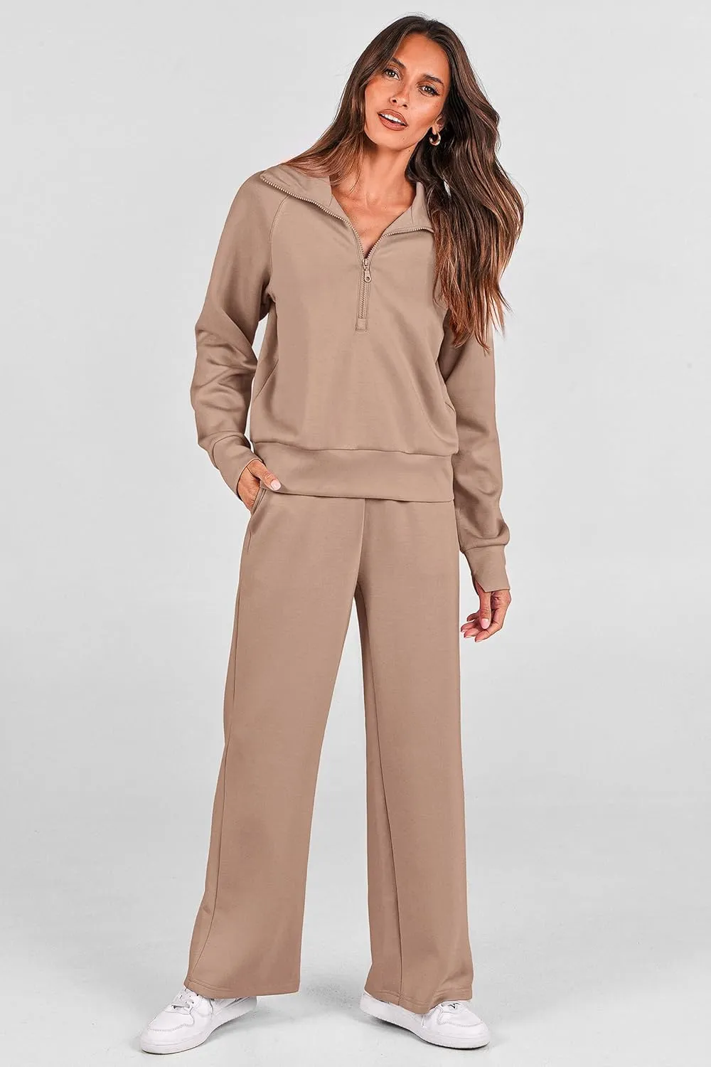 PRETTYGARDEN Women's 2 Piece Outfits Casual Lapel Half Zip Sweatshirts And Wide Leg Pants Tracksuit Sets