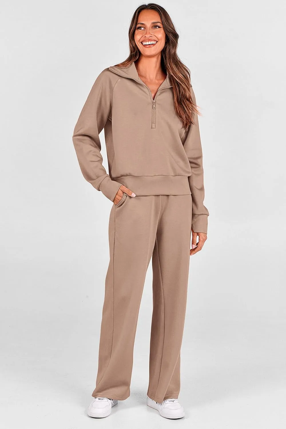 PRETTYGARDEN Women's 2 Piece Outfits Casual Lapel Half Zip Sweatshirts And Wide Leg Pants Tracksuit Sets