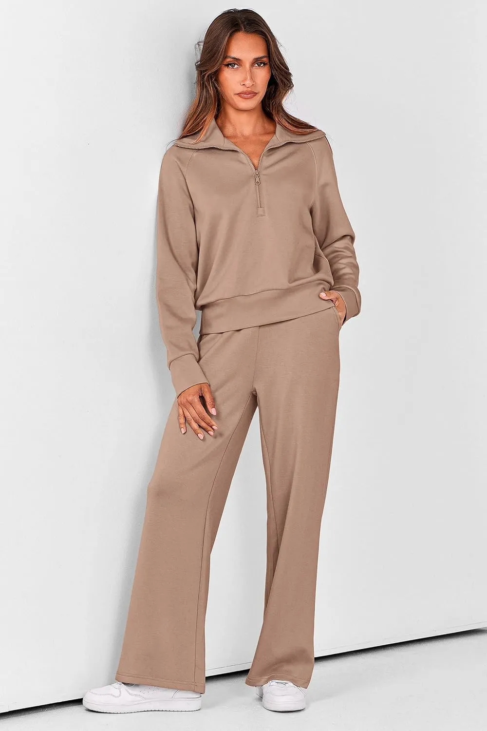 PRETTYGARDEN Women's 2 Piece Outfits Casual Lapel Half Zip Sweatshirts And Wide Leg Pants Tracksuit Sets