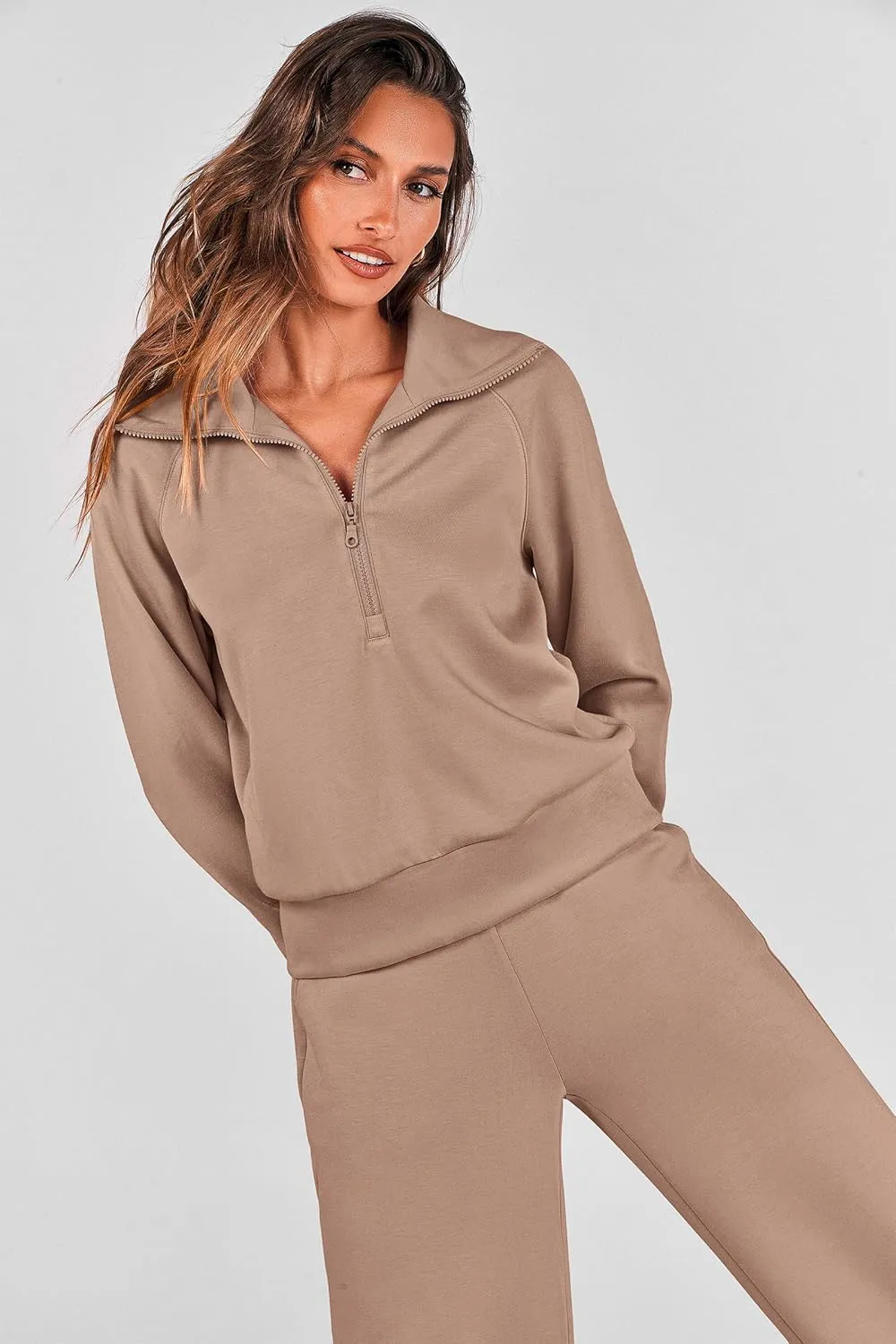 PRETTYGARDEN Women's 2 Piece Outfits Casual Lapel Half Zip Sweatshirts And Wide Leg Pants Tracksuit Sets