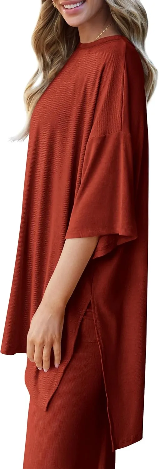 PRETTYGARDEN Women's 2 Piece Outfits Casual Short Sleeve Pullover Tops and Wide Leg Pants Lounge Sets Tracksuits