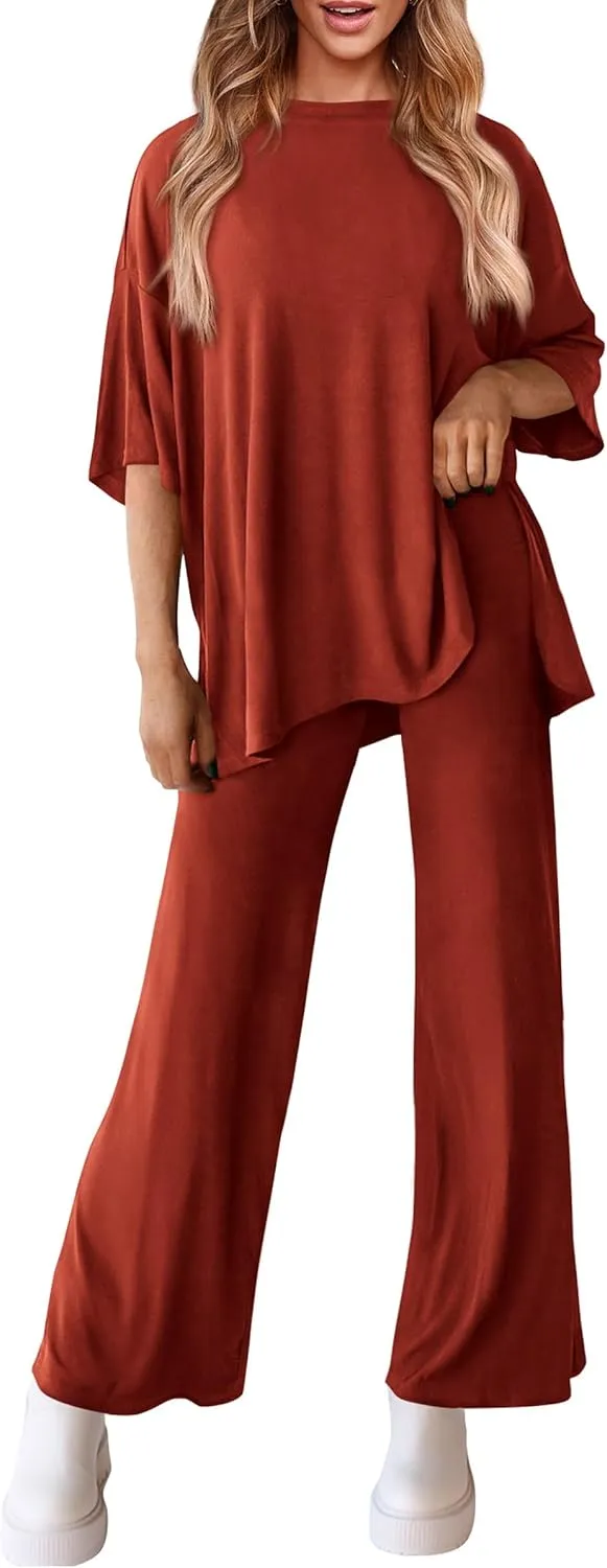 PRETTYGARDEN Women's 2 Piece Outfits Casual Short Sleeve Pullover Tops and Wide Leg Pants Lounge Sets Tracksuits