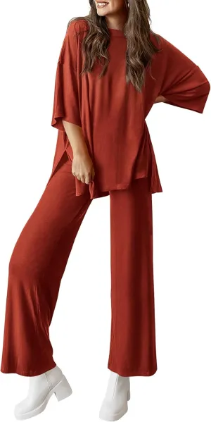 PRETTYGARDEN Women's 2 Piece Outfits Casual Short Sleeve Pullover Tops and Wide Leg Pants Lounge Sets Tracksuits