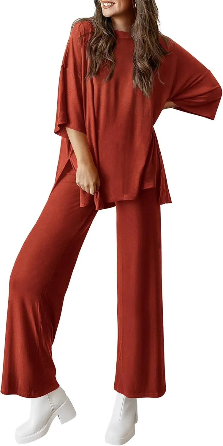 PRETTYGARDEN Women's 2 Piece Outfits Casual Short Sleeve Pullover Tops and Wide Leg Pants Lounge Sets Tracksuits