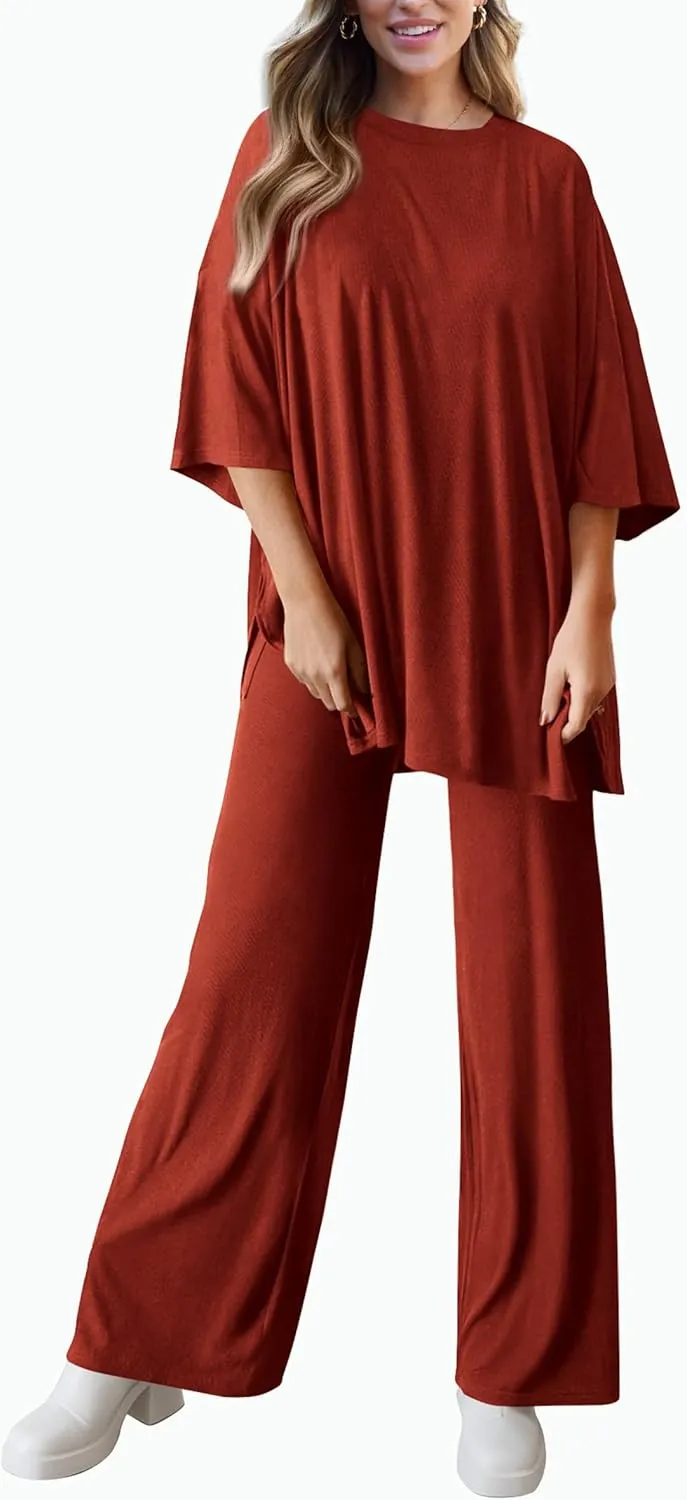 PRETTYGARDEN Women's 2 Piece Outfits Casual Short Sleeve Pullover Tops and Wide Leg Pants Lounge Sets Tracksuits