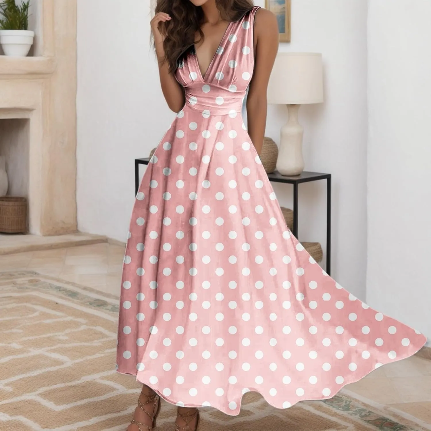 PTOLOCIF Sundresses for Women 2025 Sleeveless Spaghetti Strap Long Dresses Scoop Neck Smocked Ruffle Flowy Boho Maxi Dress
