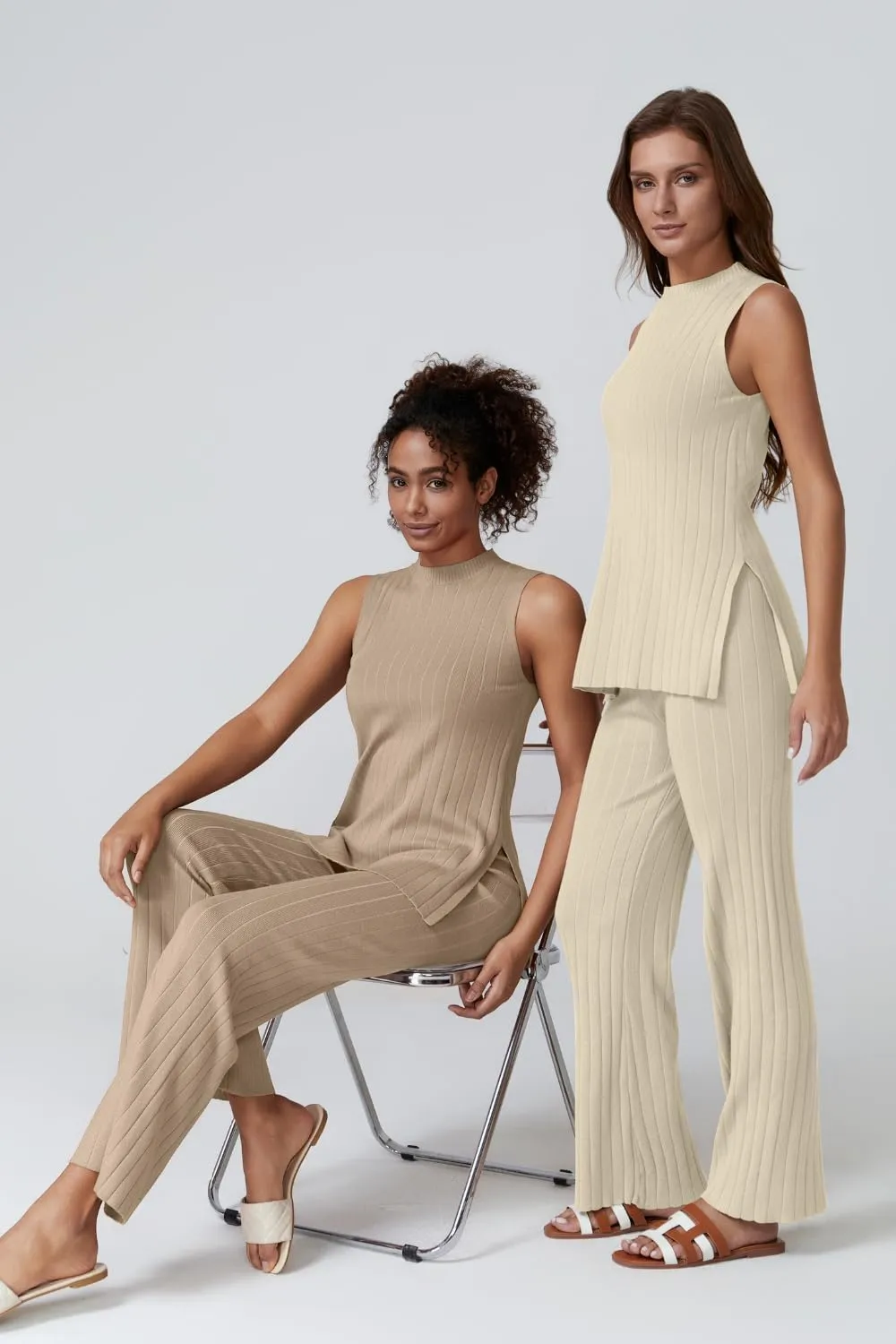 QINSEN Lounge Sets for Women Two Piece Outfits Knit Sleeveless Vented Hemline Tops Wide Leg Pants Sweater Sets