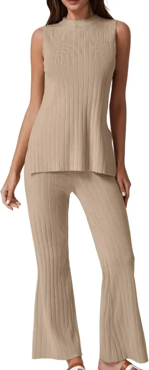 QINSEN Lounge Sets for Women Two Piece Outfits Knit Sleeveless Vented Hemline Tops Wide Leg Pants Sweater Sets