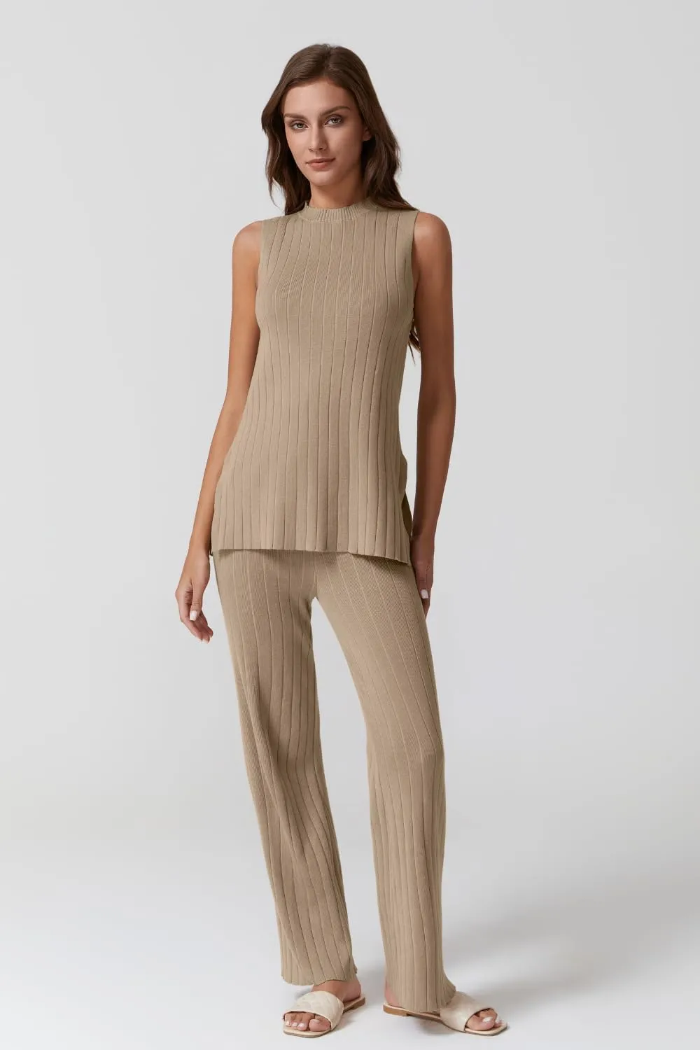QINSEN Lounge Sets for Women Two Piece Outfits Knit Sleeveless Vented Hemline Tops Wide Leg Pants Sweater Sets