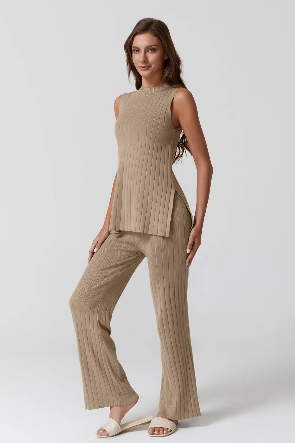 QINSEN Lounge Sets for Women Two Piece Outfits Knit Sleeveless Vented Hemline Tops Wide Leg Pants Sweater Sets