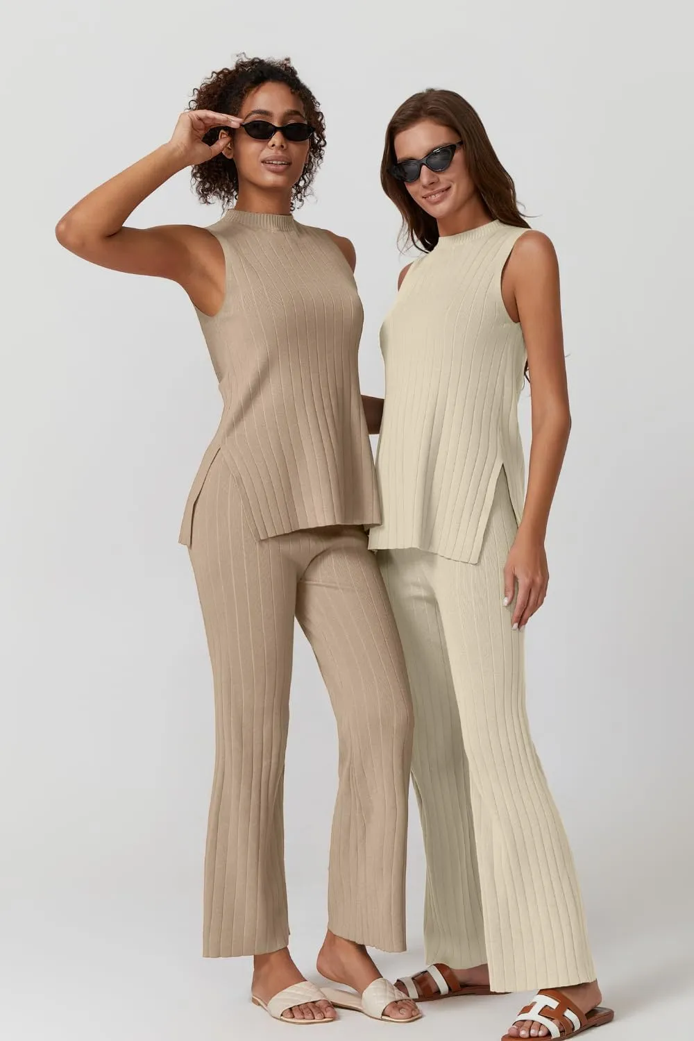 QINSEN Lounge Sets for Women Two Piece Outfits Knit Sleeveless Vented Hemline Tops Wide Leg Pants Sweater Sets