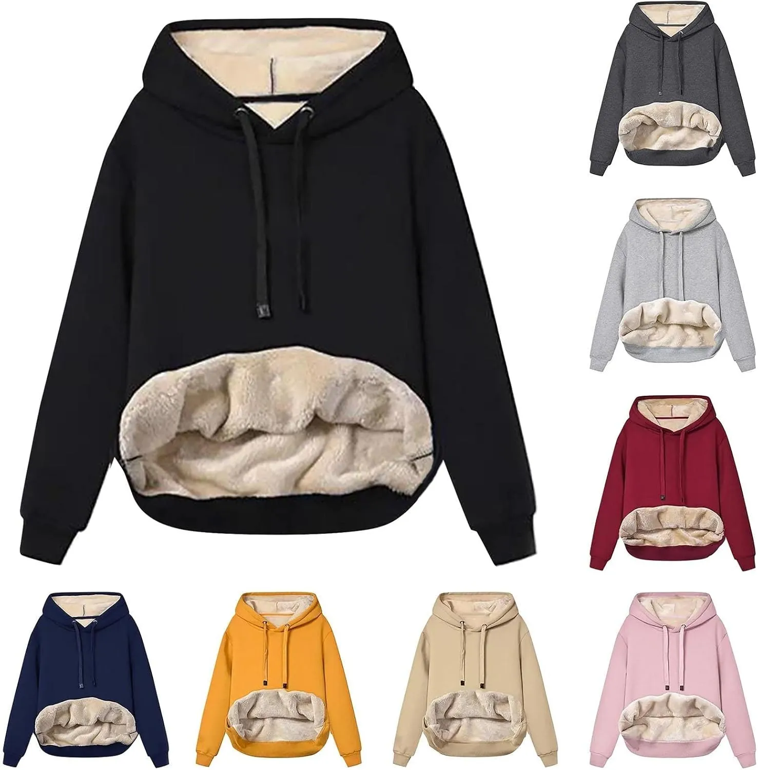 RKSTN Womens Winter Coats Warm Plush Hoodies Fleece Lined Jackets Solid Hooded Sweater Coat Long Sleeve Sweatshirt Pullover