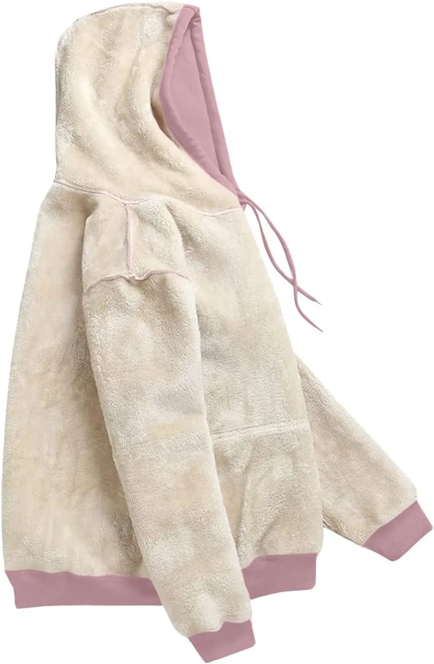 RKSTN Womens Winter Coats Warm Plush Hoodies Fleece Lined Jackets Solid Hooded Sweater Coat Long Sleeve Sweatshirt Pullover