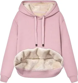 RKSTN Womens Winter Coats Warm Plush Hoodies Fleece Lined Jackets Solid Hooded Sweater Coat Long Sleeve Sweatshirt Pullover