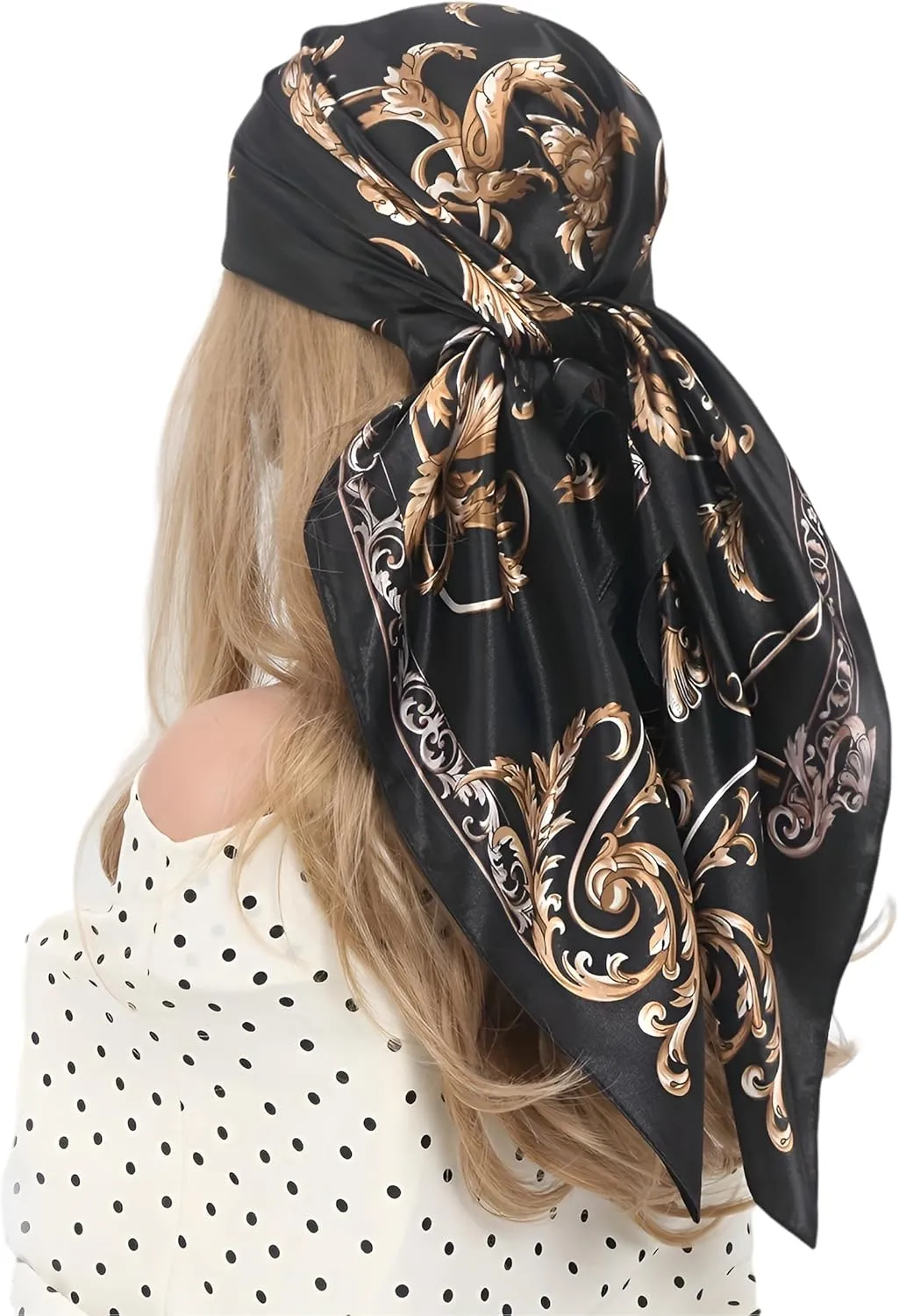 Satin Head Scarf for Women – Vintage Black Satin Square Scarf 90x90cm, Digital Print Hair Scarf
