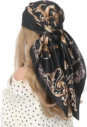 Satin Head Scarf for Women – Vintage Black Satin Square Scarf 90x90cm, Digital Print Hair Scarf
