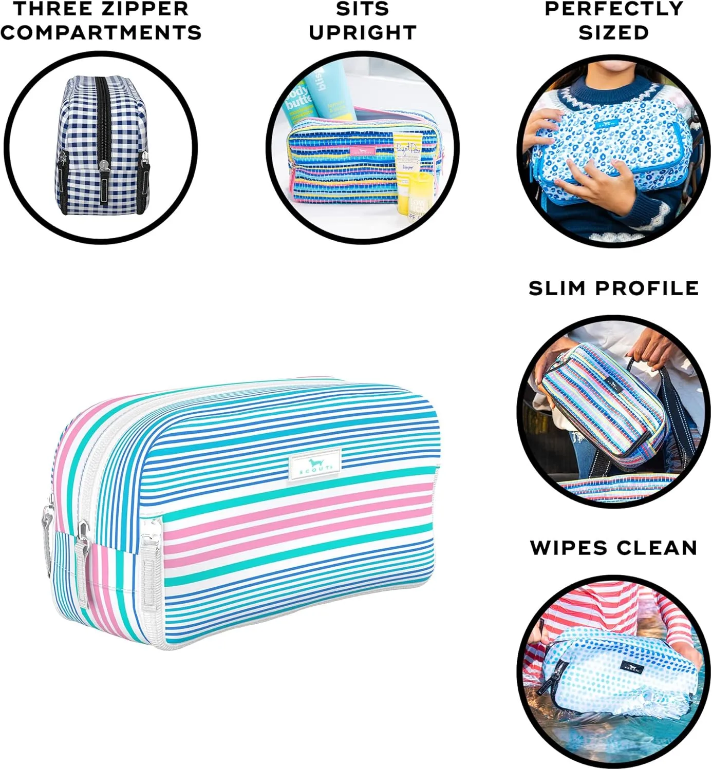 SCOUT 3-Way Bag - Travel Makeup Pouch and Toiletry Bag for Women with Three Zipper Compartments - Stands Upright, Wipes Clean