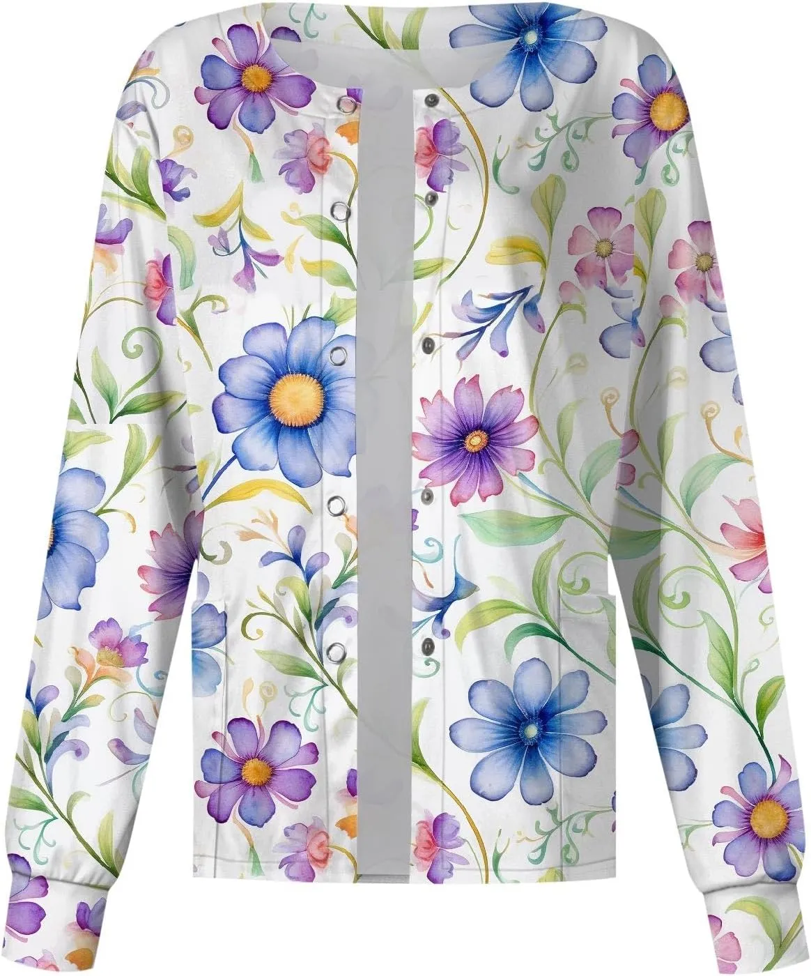 Scrubs Jacket for Women Plus Size Snap Front Warm Up Nurse Doctor Work Uniforms Butterfly Print Scrub Tops with Pockets