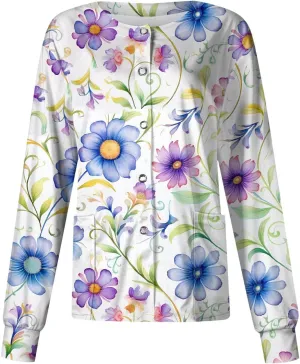 Scrubs Jacket for Women Plus Size Snap Front Warm Up Nurse Doctor Work Uniforms Butterfly Print Scrub Tops with Pockets