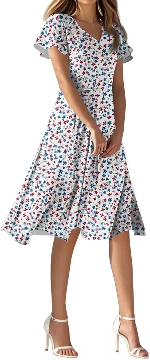 Sexy Dresses for Women Date Night V Neck Boho Knee Length Summer 2025 Tie Dye Floral Short Sleeve Short Skirt