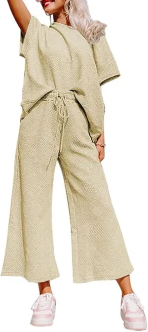 SHEWIN Women's 2 Piece Outfits Sweatsuit Casual Short Sleeve Pullover Tops and Drawstring Wide Leg Pants Lounge Sets