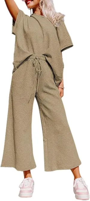 SHEWIN Women's 2 Piece Outfits Sweatsuit Casual Short Sleeve Pullover Tops and Drawstring Wide Leg Pants Lounge Sets