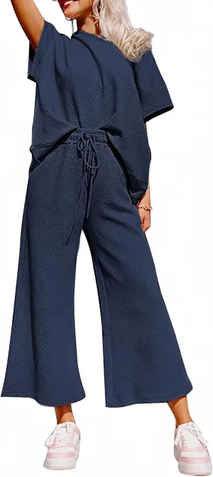 SHEWIN Women's 2 Piece Outfits Sweatsuit Casual Short Sleeve Pullover Tops and Drawstring Wide Leg Pants Lounge Sets