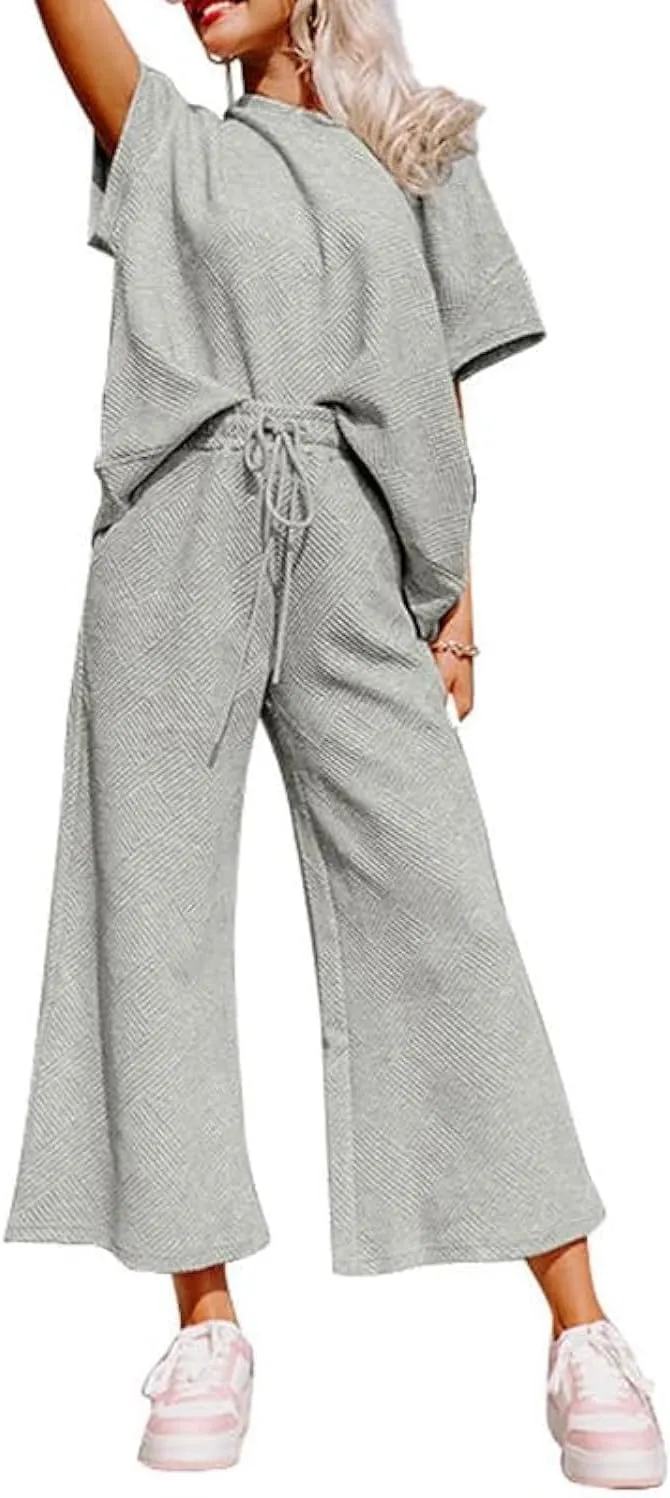 SHEWIN Women's 2 Piece Outfits Sweatsuit Casual Short Sleeve Pullover Tops and Drawstring Wide Leg Pants Lounge Sets