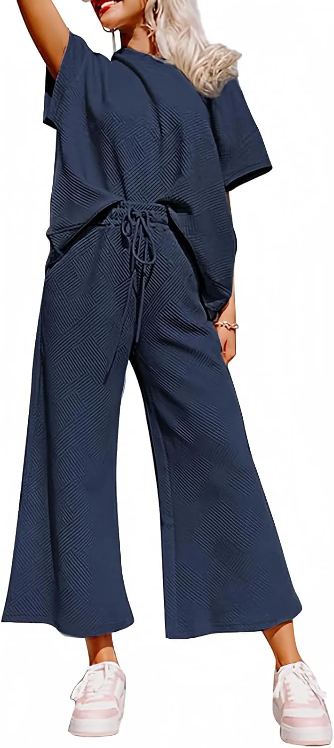 SHEWIN Women's 2 Piece Outfits Sweatsuit Casual Short Sleeve Pullover Tops and Drawstring Wide Leg Pants Lounge Sets