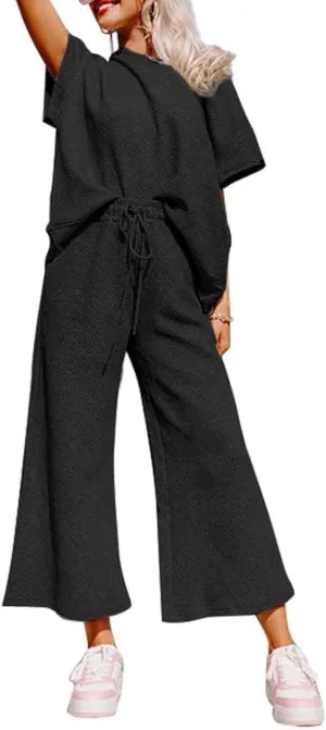 SHEWIN Women's 2 Piece Outfits Sweatsuit Casual Short Sleeve Pullover Tops and Drawstring Wide Leg Pants Lounge Sets