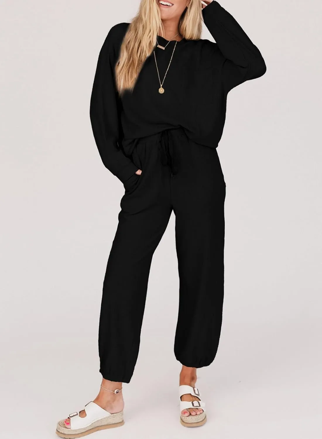 SHEWIN Women's 2 Piece Outfits Waffle Knit Lounge Sets Casual Long Sleeve Pullover Drawstring Jogger Pants Tracksuit Set