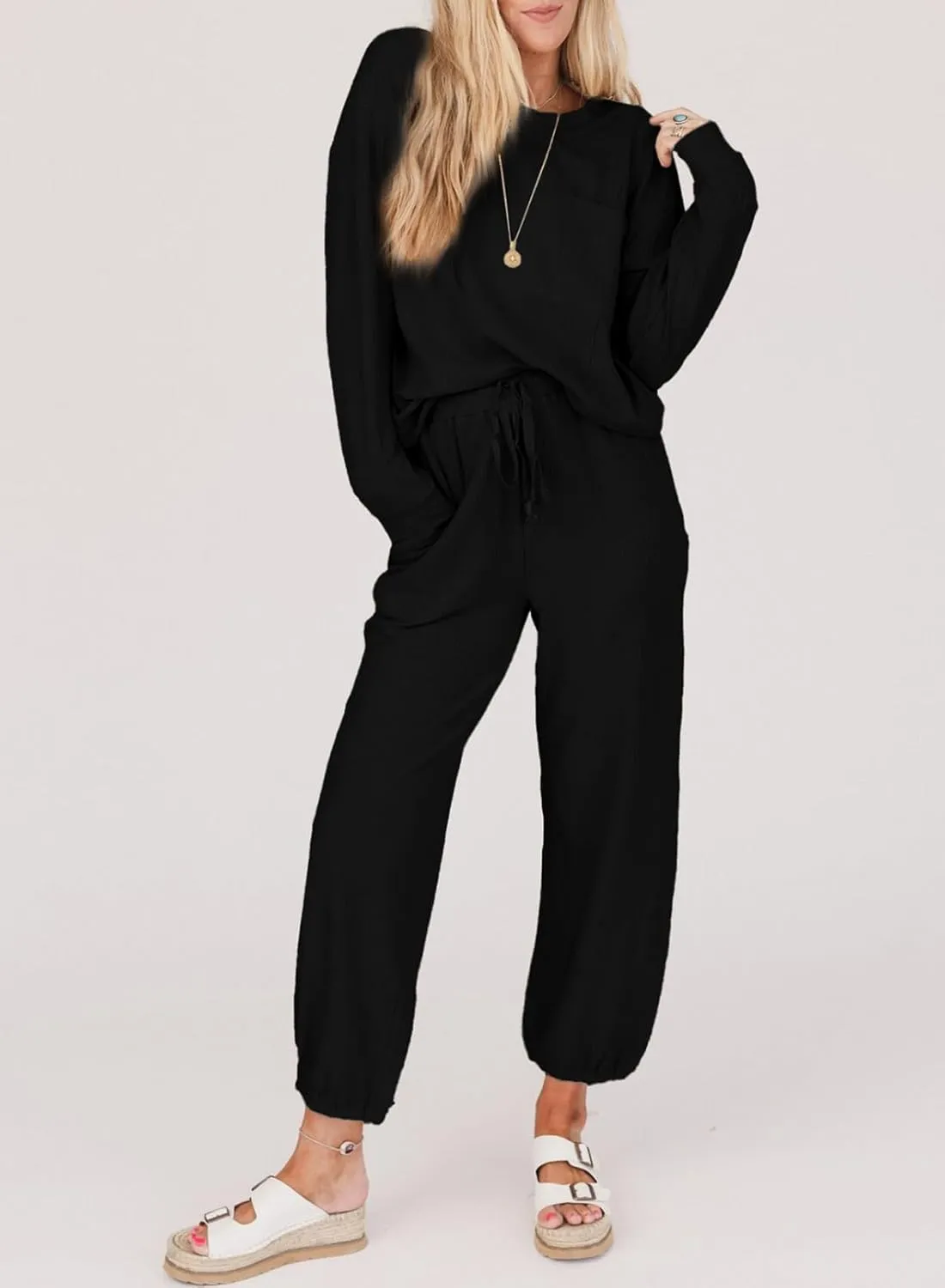 SHEWIN Women's 2 Piece Outfits Waffle Knit Lounge Sets Casual Long Sleeve Pullover Drawstring Jogger Pants Tracksuit Set