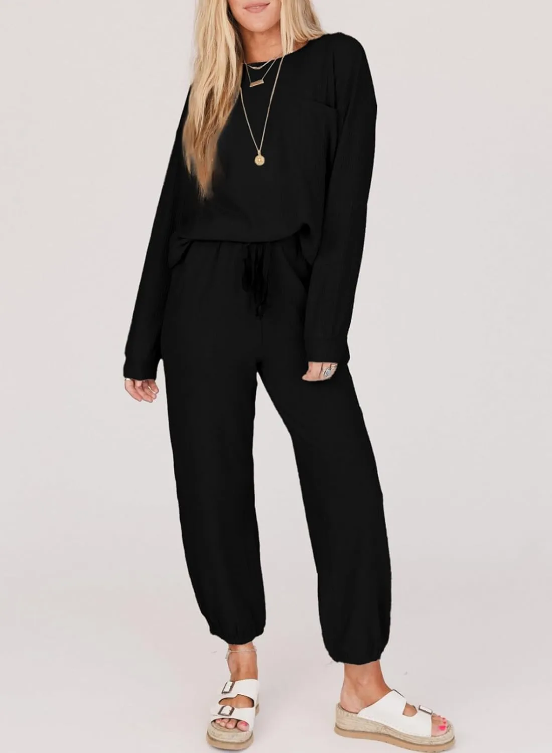 SHEWIN Women's 2 Piece Outfits Waffle Knit Lounge Sets Casual Long Sleeve Pullover Drawstring Jogger Pants Tracksuit Set