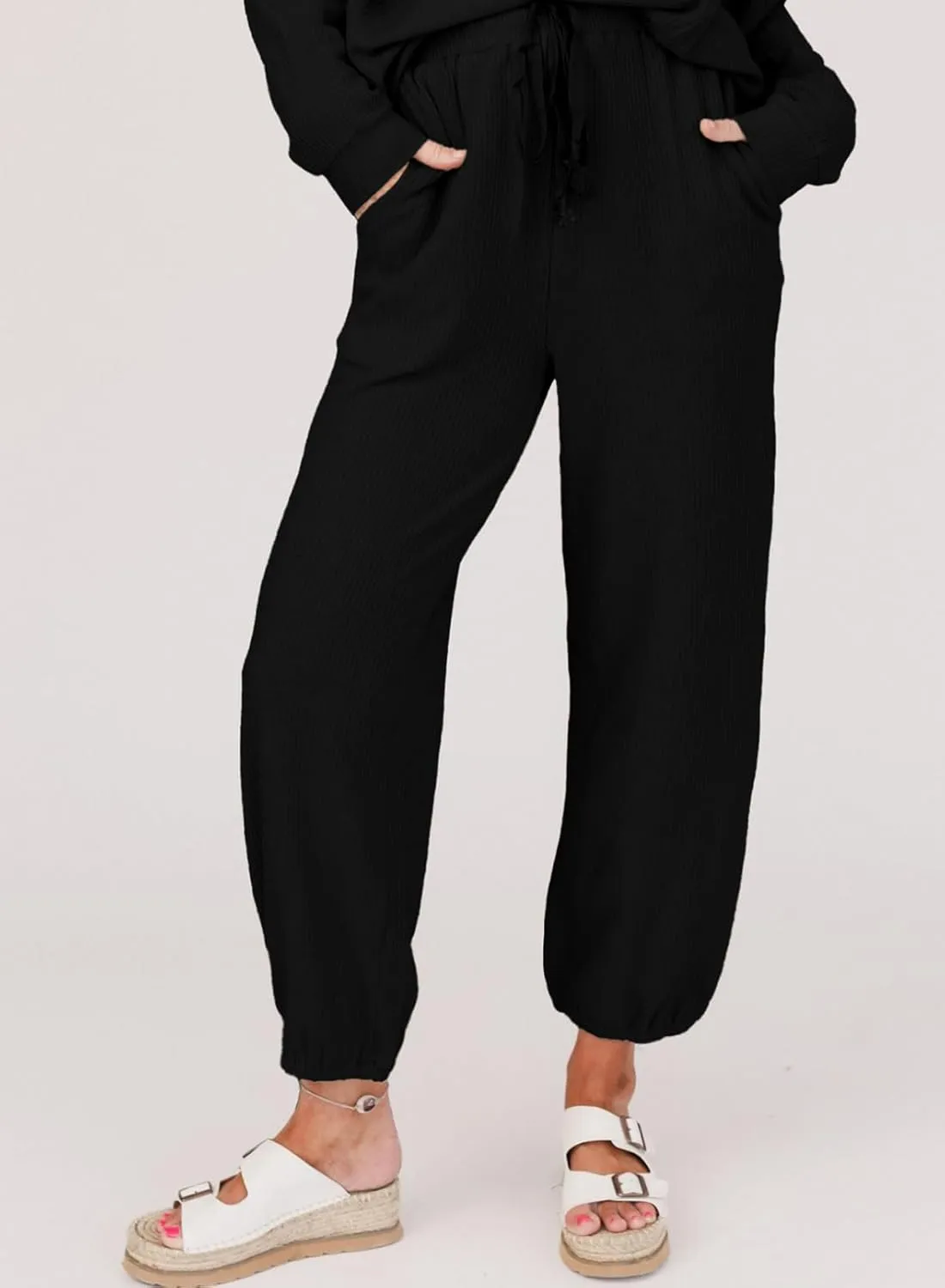 SHEWIN Women's 2 Piece Outfits Waffle Knit Lounge Sets Casual Long Sleeve Pullover Drawstring Jogger Pants Tracksuit Set