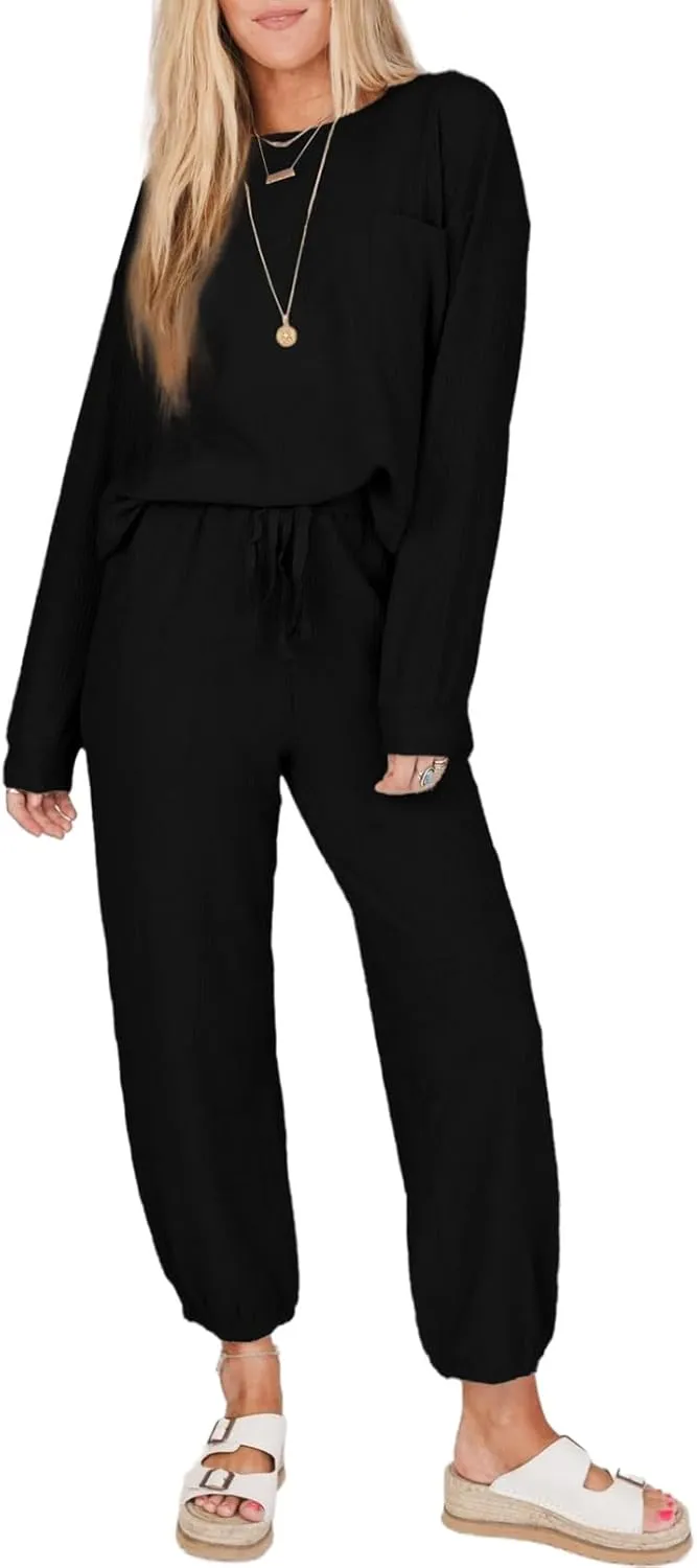 SHEWIN Women's 2 Piece Outfits Waffle Knit Lounge Sets Casual Long Sleeve Pullover Drawstring Jogger Pants Tracksuit Set