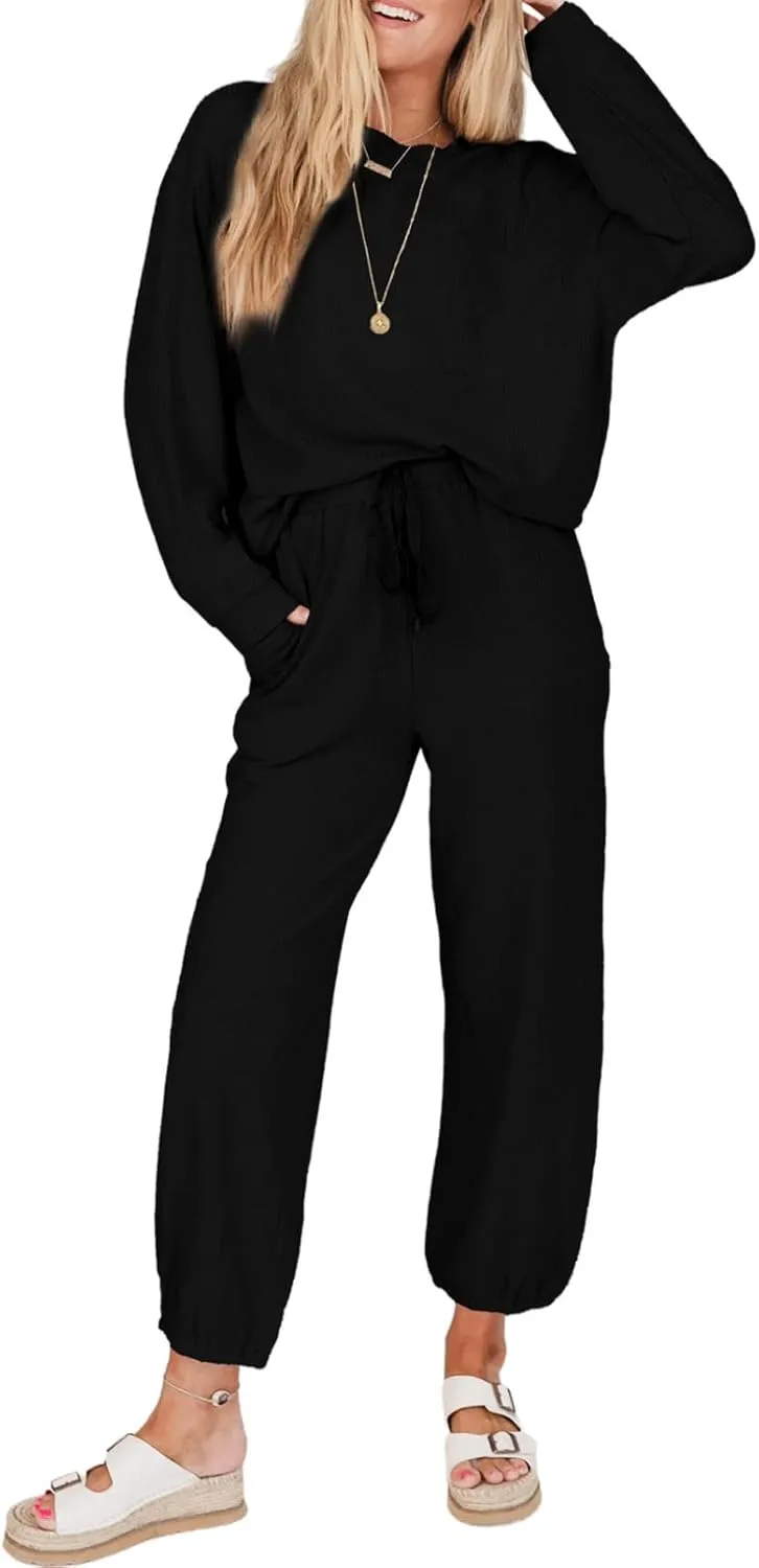 SHEWIN Women's 2 Piece Outfits Waffle Knit Lounge Sets Casual Long Sleeve Pullover Drawstring Jogger Pants Tracksuit Set