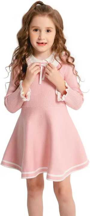 SMILING PINKER Toddler Girls Dresses Sweater Long Sleeve Winter Knitted Skater Dress Ruffle Collar