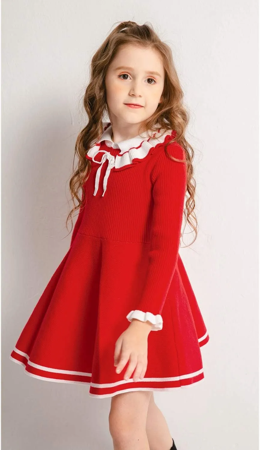 SMILING PINKER Toddler Girls Dresses Sweater Long Sleeve Winter Knitted Skater Dress Ruffle Collar