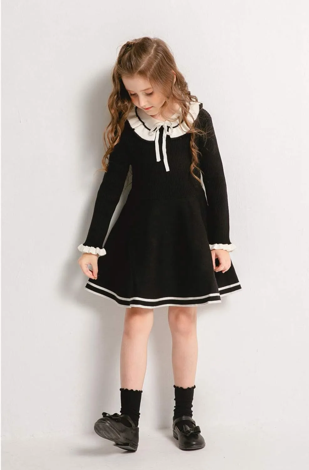 SMILING PINKER Toddler Girls Dresses Sweater Long Sleeve Winter Knitted Skater Dress Ruffle Collar
