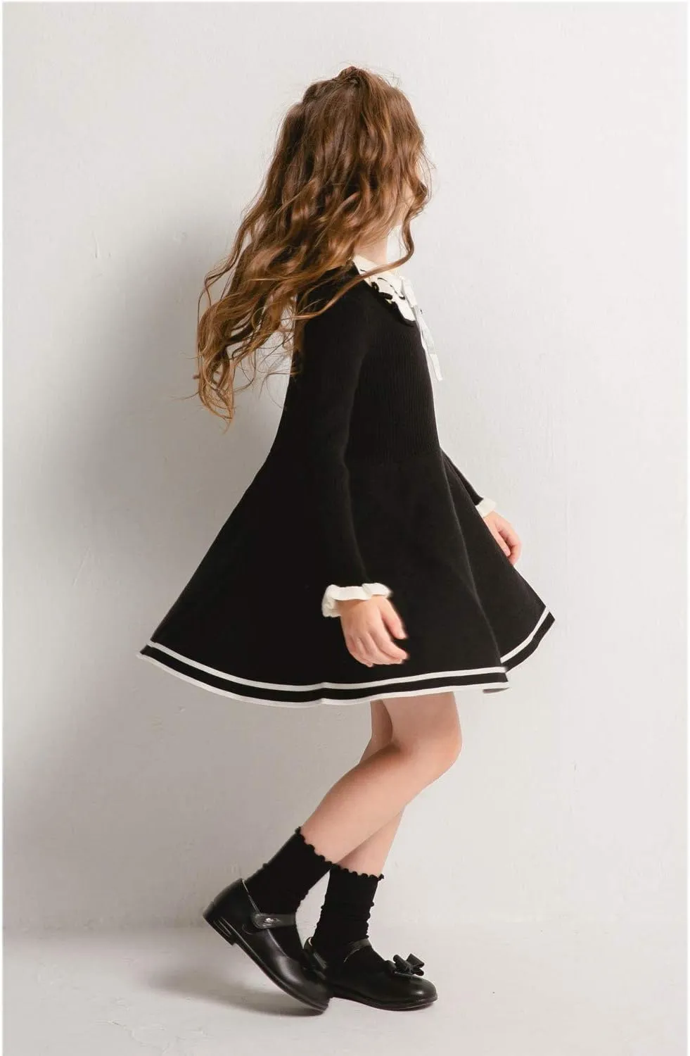 SMILING PINKER Toddler Girls Dresses Sweater Long Sleeve Winter Knitted Skater Dress Ruffle Collar