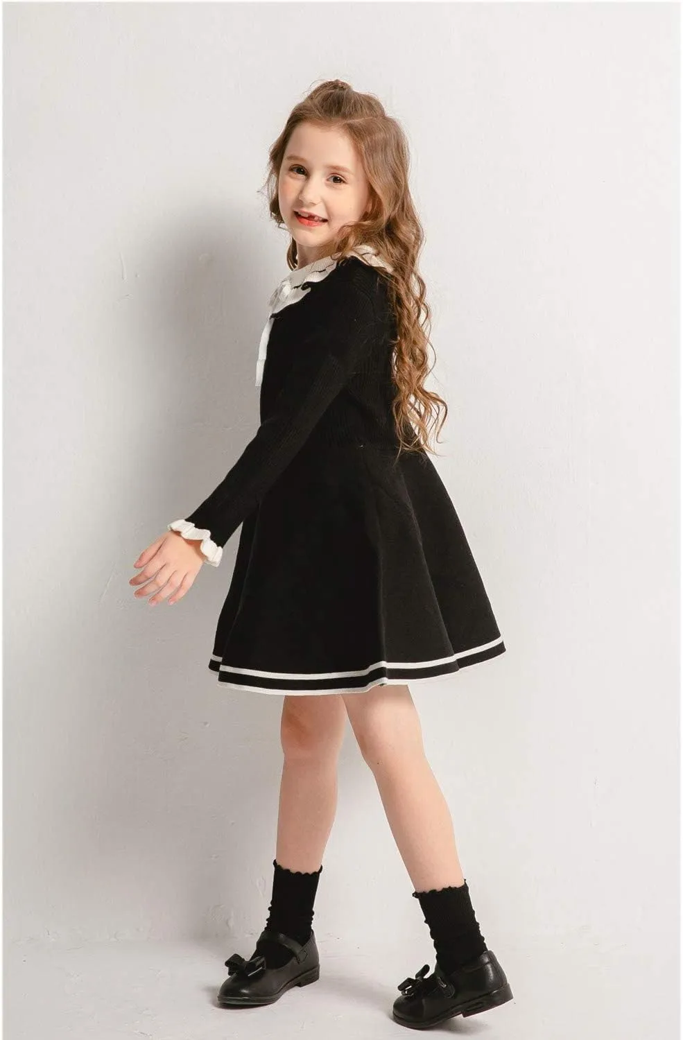 SMILING PINKER Toddler Girls Dresses Sweater Long Sleeve Winter Knitted Skater Dress Ruffle Collar