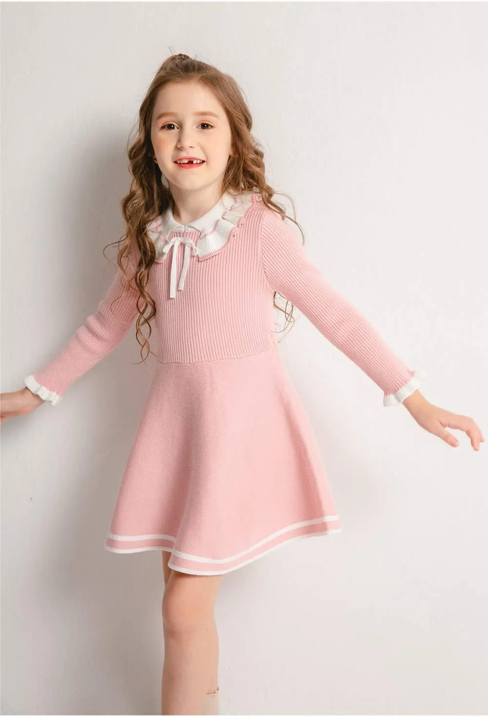 SMILING PINKER Toddler Girls Dresses Sweater Long Sleeve Winter Knitted Skater Dress Ruffle Collar