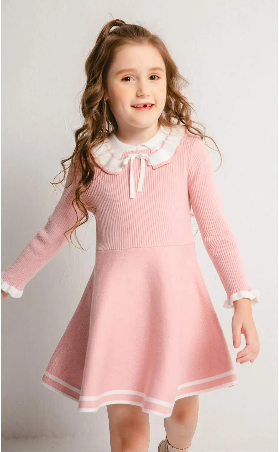 SMILING PINKER Toddler Girls Dresses Sweater Long Sleeve Winter Knitted Skater Dress Ruffle Collar